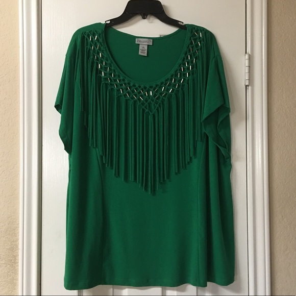 Catherines Tops - Catherine’s Emerald Green Fringe Neckline Top